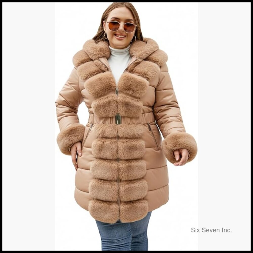 Faux Leather Quilted Puffer Coat With Faux Fur Lined Hood